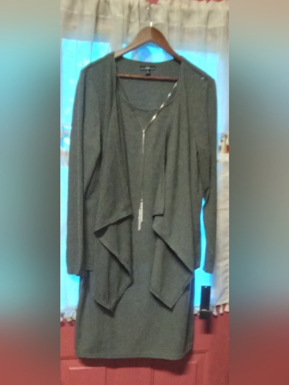 R&K Women's Dark Gray Draped Open-Front Jacket Dress